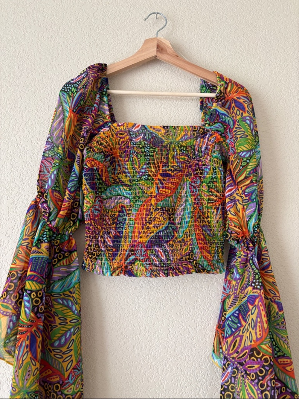 Live 4 Truth Multicolor Smocked Crop Top with Dramatic Bell Sleeves - Picture 2 of 5